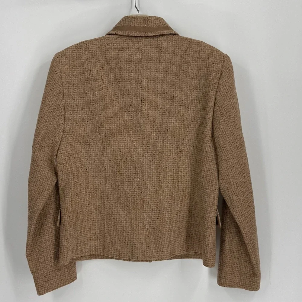 Pendleton Petite Tan‎ Wool Silk Leather Trim Blazer Jacket Brown Size 8 RN 29685
